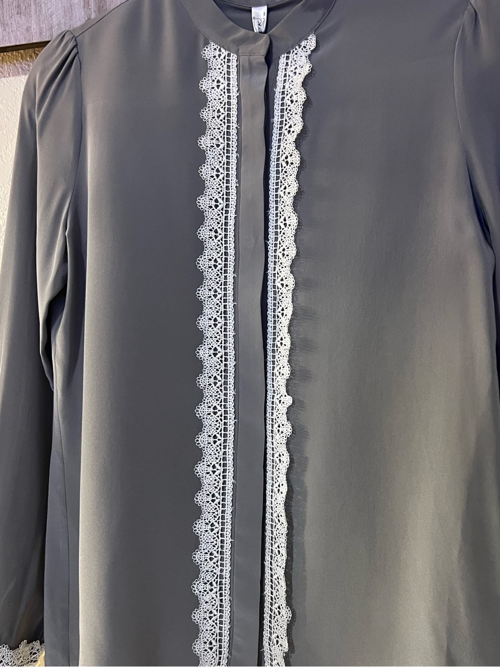 Lilysilk Gray Women's Silk Collared Button-Front Lace Trim Blouse, NWT, XS - Picture 4 of 9